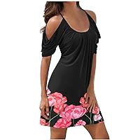 Dresses for Women, Beach Dresses for Women Trendy Summer Floral Spaghetti Strap Cold Shoulder Short Sleeve Mini Casual