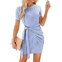 Dresses for Women 2024 Fashion Solid Colour Round Neck Pleated Tie Short Sleeve Knitted Hip Dresses