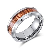 Bling Jewelry Personalized Double Row Wide Stripe Natural Brown Koa Wood Inlay Titanium Wedding Band Rings For Men For Women Silver Tone Comfort Fit 8MM Customizable