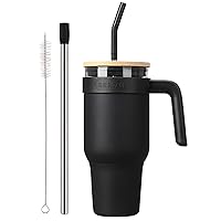 SIEROZUR Glass Tumbler with Straw and Bamboo Lid 40 oz Glass Water Bottles with Handle Coffee Tumbler with Silicone Sleeve and Straws - Boba Straw & Drinking Straw BPA Free