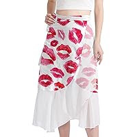 Womens Beach Wrap Skirts High Waisted Tie Side Summer Chiffon Midi Skirts Red Love Lips