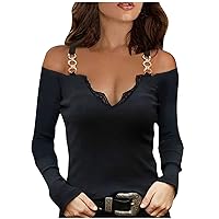 Womens Sexy Chain T-Shirt Tops, Fashion Cold Shoulder V Neck Blouse Ladies Lace Long Sleeve Sexy Casual Slim Shirts