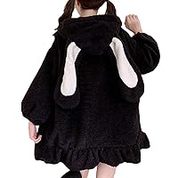 Cute Kawaii Bunny Hoodie Jacket Coats for Women Fashion Japanese Fuzzy Fluffy Rabbit Hooded Sweatshirt Outwear (Black, XL)