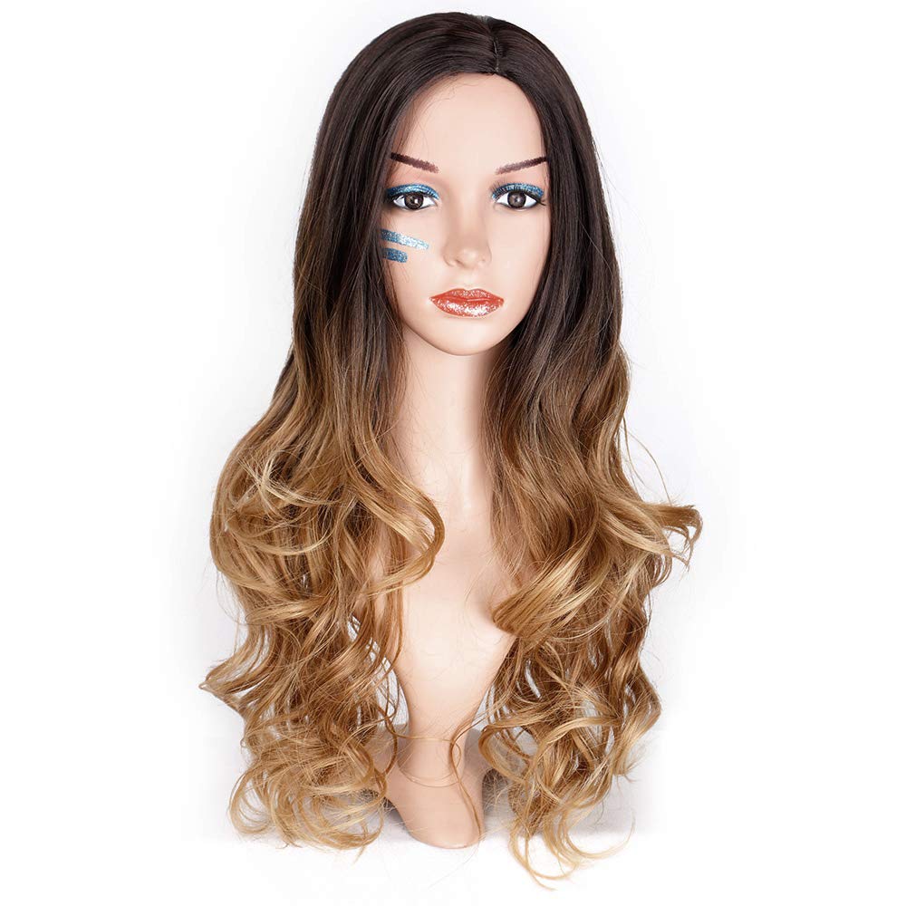 AISI QUEENS Brown Ombre Wigs Long Curly Side Part Wig 2 Tone Black to Brown Wavy Wigs for Women Synthetic Heat Resistant Party Wigs Natural Looking