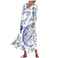 Women Summer Dresses 2024 Elegant Floral 3/4 Sleeve Dress Casual Loose Midi Sundress with Pockets