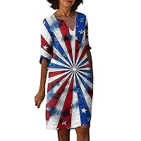 4Th of July Outfits for Women, Womens Casual Midi Sleeve Printed V Neck Loose Mid Length Oversized Dress, S, 3XL
