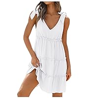 Womens Summer Casual V Neck Sleeveless Mini Dress 2024 Tie Shoulder Tiered Ruffle Swing A Line Short Sundresses Flowy