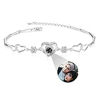 Personalized Bracelet with Picture Inside for Couples 925 Sterling Silver Heart/Round Shape Projection Photo Bracelet Memorial Charm Jewelry Gift for Women Girlfriend Mom