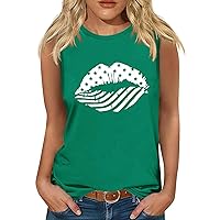 Women's Sleeveless 4th of July Tank Tops Funny Stars Stripe Lip Print T-Shirts Summer Workout Loose Fit Yoga Tees