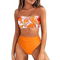 Pink Queen Bikini Sets for Women Strapless Sexy Cheeky Push Up High Waisted Swimsuit Bathing Suit Floral Orange 3XL