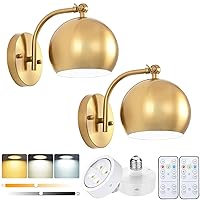 Battery Operated Wall Sconce Set of Two, Modern Gold with Remote Control Dimmable Wall Lamp, Not Hardwired Indoor Wall Light Fixture for Gallery Bedroom Corridor Living Room, Bulb Included