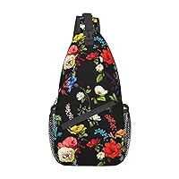 Tropical Floral Print Black Sling Backpack Crossbody Shoulder Bag Travel Hiking Daypack Gifts