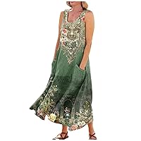 Womens Dresses Cotton Linen Long Dresses U Neck Sleeveless Tank Dress Vintage Floral Dress with Pocket Resort Wear