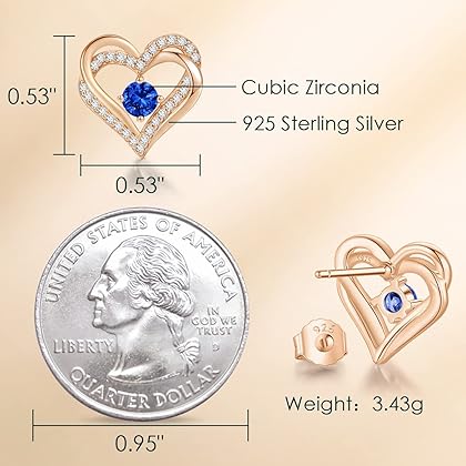 CDE Forever Love Heart Stud Earrings 925 Sterling Silver with Birthstone Zirconia, Christmas Birthday Jewelry Gifts for Women Girls