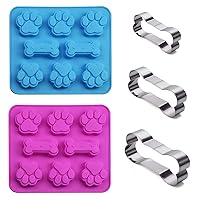 Set of 5, 2 Packs Silicone Molds Puppy Dog Paw & Bone Shaped 2 in 1 and 3 Packs Stainless Steel Bone Cookie Cutter,for Homemade Treats and Cat Animal Paw Ice Candy Chocolate Baking Mold (Blue&Pink)