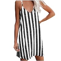 Womens Distressed Stripes Cami Mini Dresses Summer Casual Loose Spaghetti Strap Sleeveless Comfy Swing Sundress