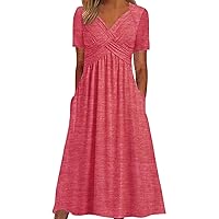 Dresses for Women 2024 Casual Summer Vacation Short Sleeve Tie Wrap V Neck Flowy Midi Dresses Beach Sundress with Pockets