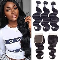 Amella Hair Brazilian Body Wave 3 Bundles with Free Part Lace Closure (16 18 20 with 12) 8A Grade Unprocessed Virgin Human Hair with Closure Brazilian Body Wave Natural Black Color