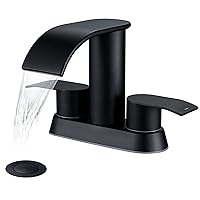 Waterfall Bathroom Sink Faucet Matte Black, Two Handles Bathroom Faucet with Metal Pop up Sink Drain Stopper, 2 or 3 Holes Bathroom Basin Lavatory Mixer Tap with Deck Mount Plate