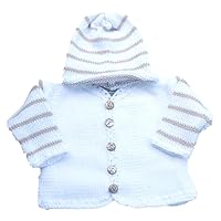 Knitted Natural Chenille Blue Trim Cardigan Hat Set with Basket Ball Buttons