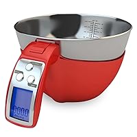 Digital Kitchen Food Scale with Bowl (Removable) and Measuring Cup - Stainless Steel, Backlight, 11lbs Capacity - Cooking, Baking, Gym, Diet - Precise Measuring (Red)