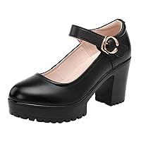 Women's Platform Mary Janes Pumps Chunky Ankle Strap Buckle Round Toe High Heel Shoes Block Mid Heel Pumps Dress Comfort Elegant Shoes