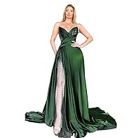 Women's Satin Prom Dresses Long Split A-Line Strapless Beaded Sexy Floor Length Formal Evening Party Gowns with Train GL0003