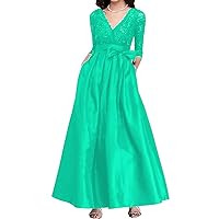 Women V Neck A-Line Satin Wedding Guest Dress for Mother of The Bride with Pockets LS019