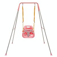 FUNLIO 3-in-1 Toddler Swing Set with 4 Sandbags, Indoor/Outdoor Baby Swing with Foldable Metal Stand, Kids Swing Set for Backyard, Clear Instructions, Easy to Assemble & Store,Pink