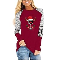 Women Christmas Red Wine Glass Baseball Shirt Leopard Stripe Splicing Sleeve T-Shirt Xmas Santa Hat Graphic Tops