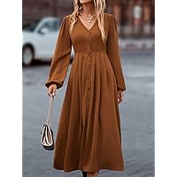 Dresses for Women Neck Button Front Bishop Sleeve Dress (Color : Brown, Size : Small)