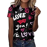 Brown Off The Shoulder Tops for Women Women's Valentine's Day Printed Round Neck Short Sleeved Casual T Shirt