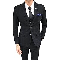 Mens 3 Piece Checked Suit Set Slim Plaid One Button Stylish Tuxedo Sets Single Breasted Wedding Jacket Vest Pants (Black,4X-Large)