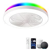 Low Profile Ceiling Fan with Lights- 19.7 in Smart Bladeless Ceiling Fans with Alexa/Google Assistant/App Control Color Changing LED-RGB Back Ambient Light for Living Room Bedroom