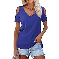 Summer Tops for Women 2024,Women's Summer Casual V Neck Short Sleeve Off Shoulder Top T Shirt Ladies Tops and Blouses
