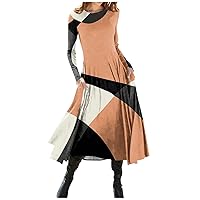 Spring Dresses for Women 2024 Long Sleeve O Neck Sundress Summer Casual Geometric Colorblock A Line Dress with Pocket
