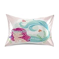 Cute Mermaid Satin Pillowcase for Hair and Skin, Ocean Mermaid Girl Silk Pillow Case with Envelope Closure, Standard Size 20x26 inches, Pink, 1 PC