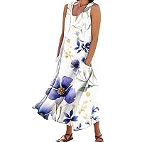 Floral Dress,Summer Casual Dresses for Women Sleeveless Floral Print Pleated with Pocket Tank Sundress