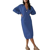 Pink Queen Women Long Sleeve Maxi Dress Fashion V Neck Oversized Pullover Waffle Knit Sweaters Dresses Outfit Blue S