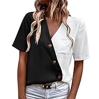Womens Summer Tops Contrasting Color Short-Sleeved V Neck Vest Elegant Fishing Blouses for Women Fashion 2022