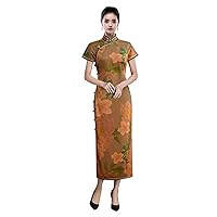 Women Qipao Silk Fragrant Cloud Yarn Peony Print Mock Collar Short Sleeve Brown Party Long Dress 3633