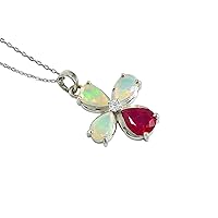 Natural Ethiopian Opal & Ruby Gemstone Flower Pendant Necklace 925 Sterling Silver October Birthstone Opal Jewelry Statement Pendant Necklace Gift For Her (PD-8507)