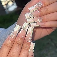 24Pcs Square Press on Nails Long Fake Nails White Nails Tips Acrylic False Nails with Rhinestones Star Charms Design Artificial Nails Supplies Coffin Full Cover Glue on Nails for Women Nail Decor