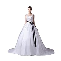 White Beaded Lace Applique Organza A Line Wedding Dress With Black Sash