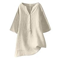 Women's Button Up Shirts Cotton Summer Short Sleeve Blouses V Neck Henley Shirt Casual Tunics Solid Color Tops
