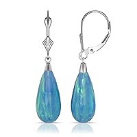 14K White Gold Tear-drop Colors of Simulated Opal Dangle Leverback Earrings (8mmx40mm)