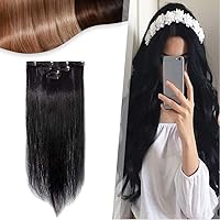 Clip in Remy Human Hair Extensions Double Drawn #1 Jet Black 22 Inch Long Straight Clip on Thin Human Hairpieces for Women 4pcs 8 Clips 40 Grams Half Head