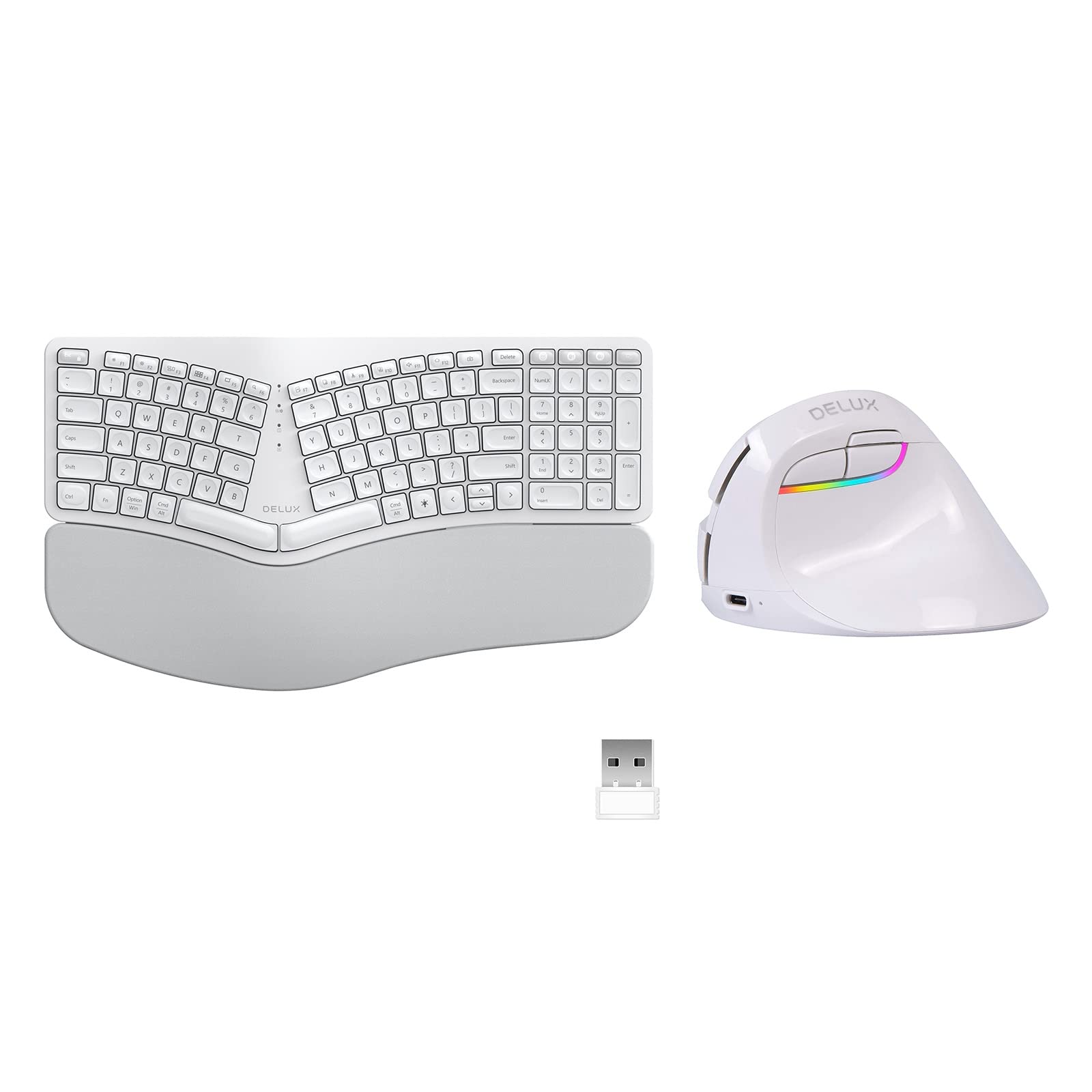 DELUX Wireless Ergonomic Keyboard Mouse Combo, Split Ergo Keyboard with Backlit GM902Pro and Vertical Mouse M618mini-White