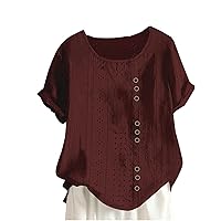Summer Outfits for Women, Oversized Tops Womens Button Up Western Outfit Cutout Eyelet 2024 Crew Shirt, S, XXL