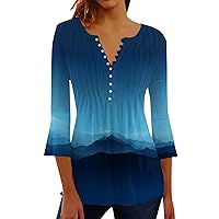 XJYIOEWT Tshirts Shirts for Women Formal Womens Spring/Summer 3/4 Sleeve Printed Pleated Button Pullover T Shirt Large